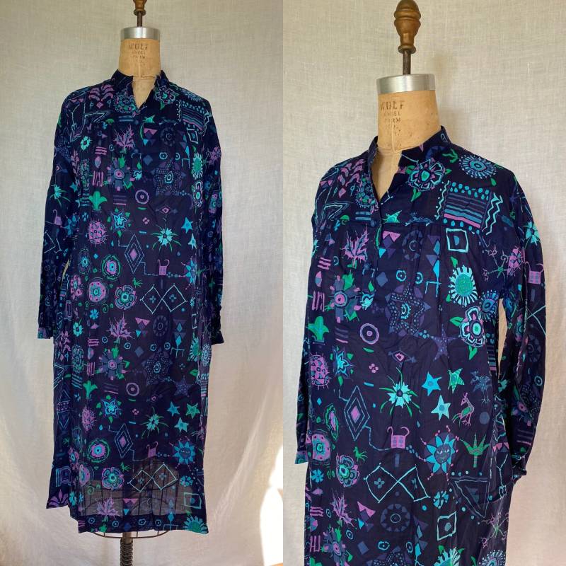 Ken Scott Vintage Baumwolle Kaftan Kleid, Blumen Muster, Grösse 38 von VintageDrifter