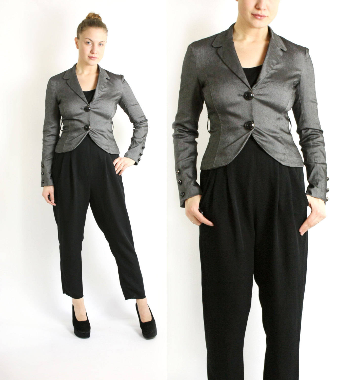 Vintage 90Er Silber Grau Formelle Crop Jacke Button Down - Klein Bis Mittel von VintageEasyStyle