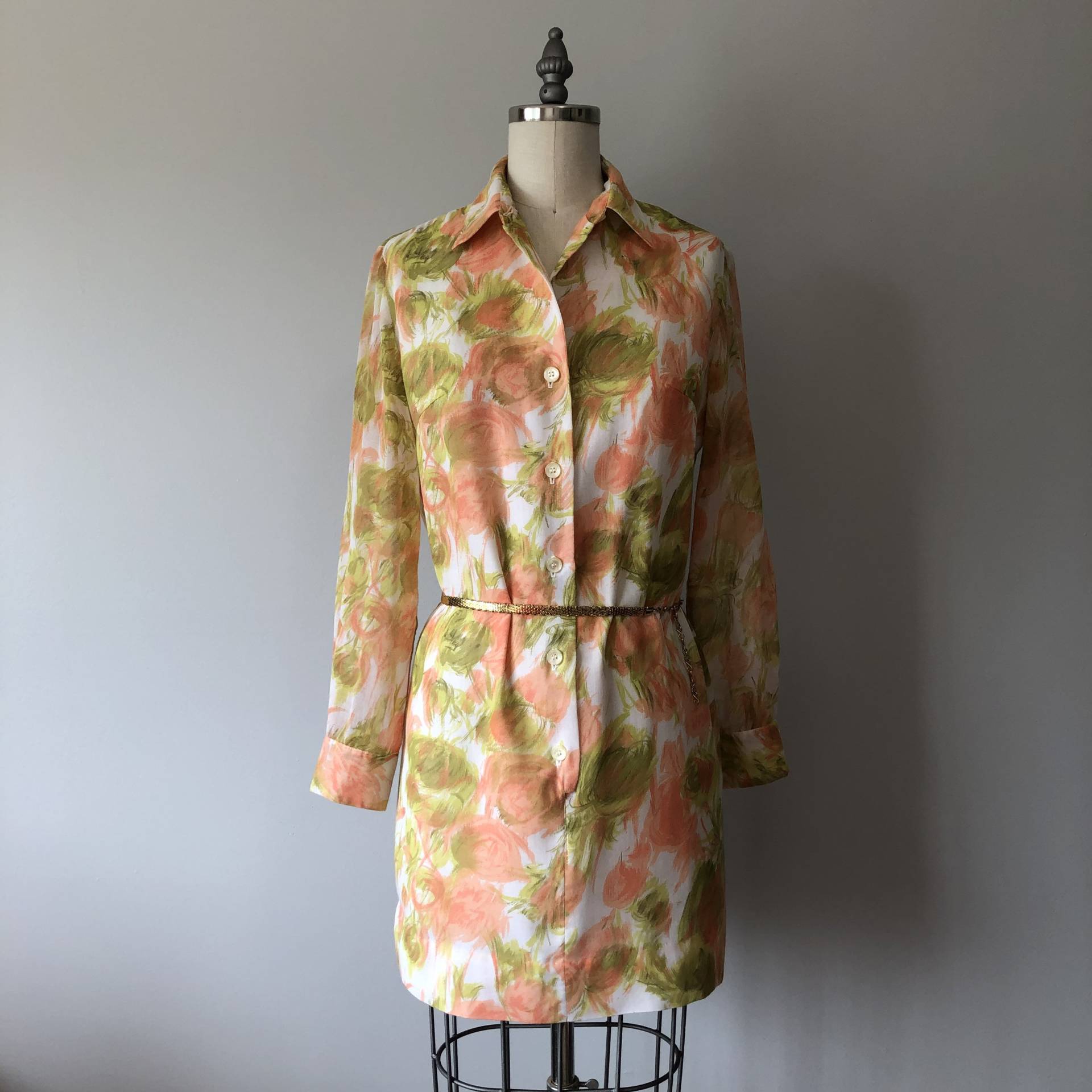 1960S Floral Mini Kleid, Pfirsich Grün Weiß, Vintage Fashion von VintageEclectica