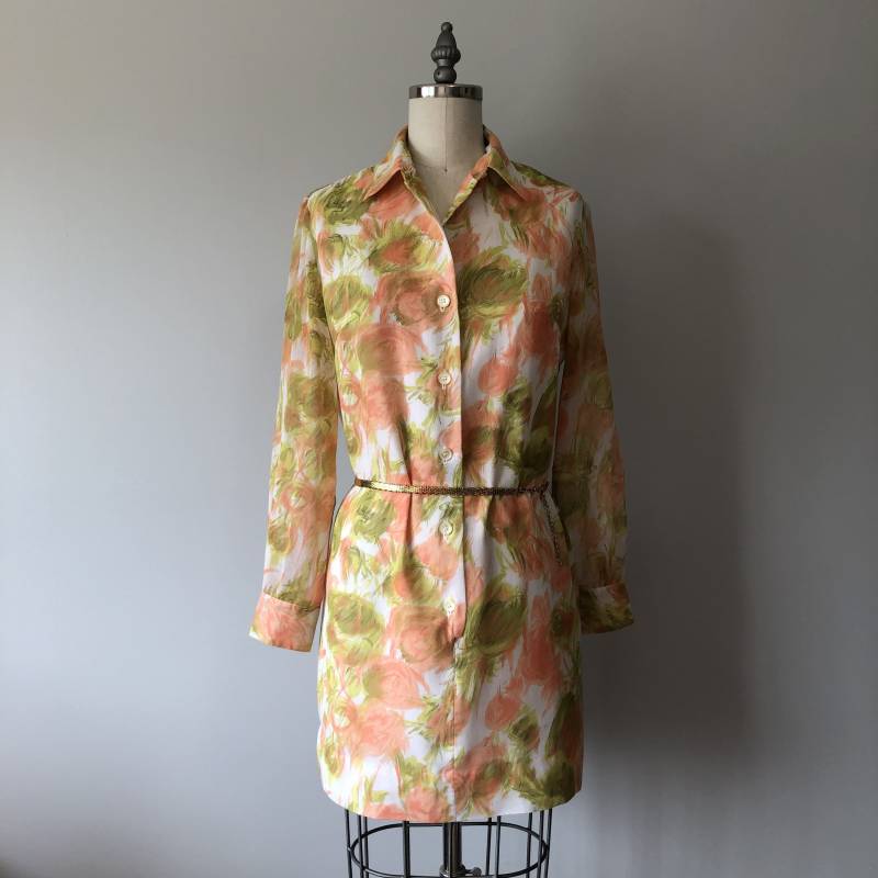1960S Floral Mini Kleid, Pfirsich Grün Weiß, Vintage Fashion von VintageEclectica