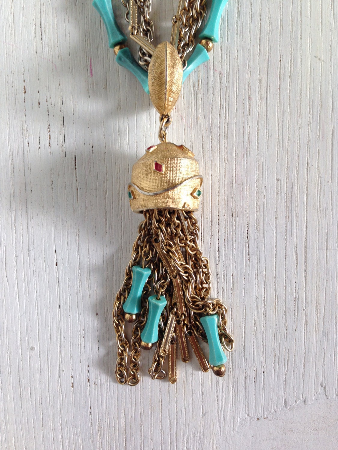 60Er Jahre Mid Century Halskette Goldkette Mit Türkis-Perlen von VintageEclectica