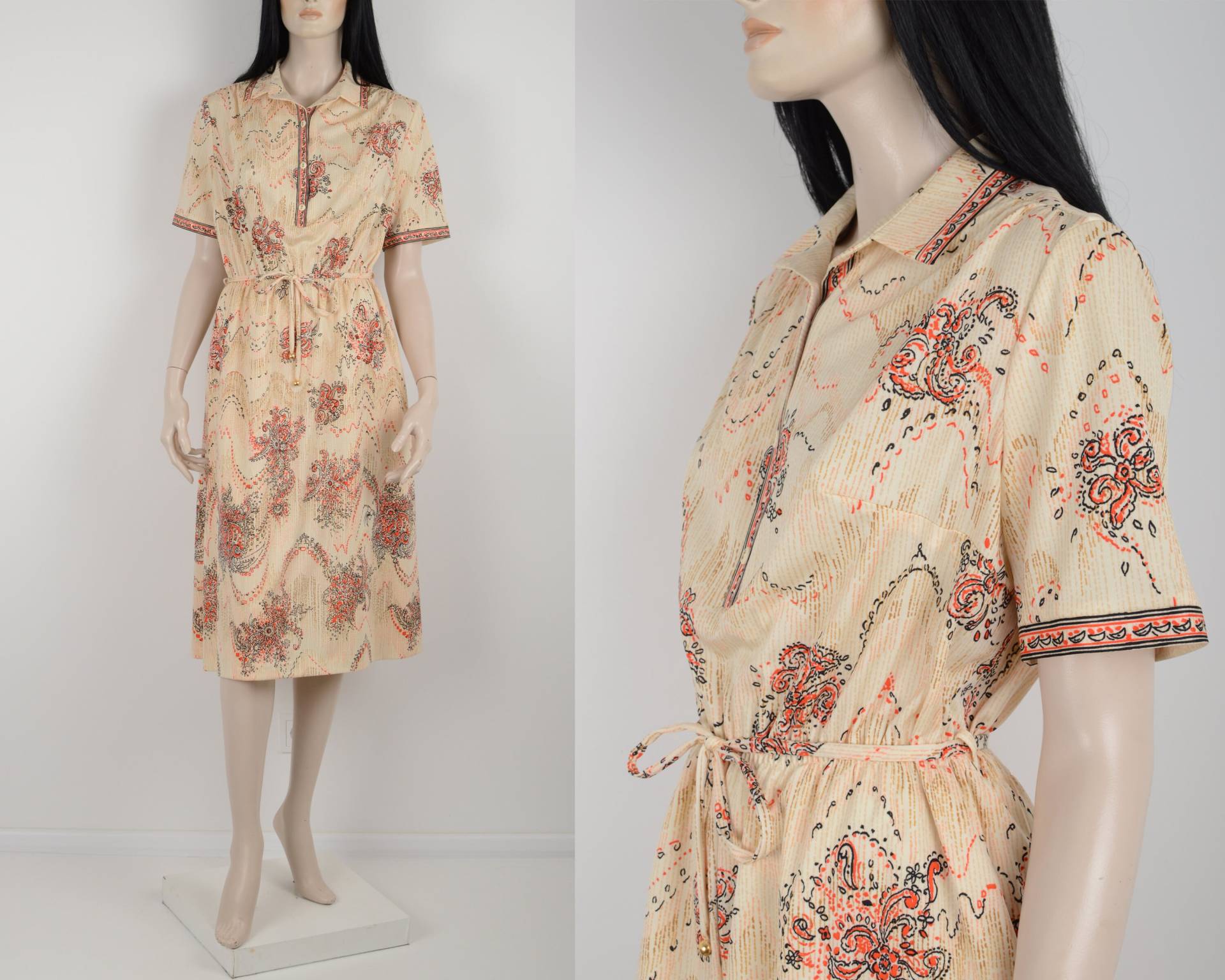 Vintage 70Er Beige Midi Kleid - Florales Print Gürtelkleid Kurzärmeliges Größe Groß/Extra von VintageFashionHome