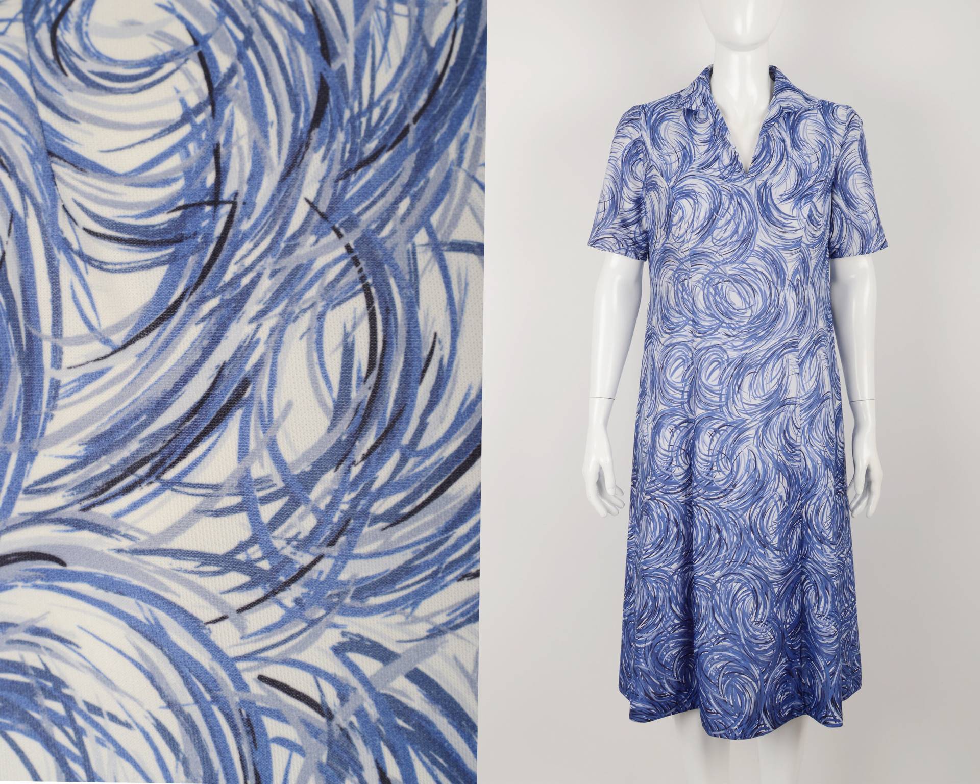 Vintage 70Er Jahre Aspens Asplene Jersey Blau Weiß Midi-Kleid - Abstrakte Print-Kleid Kurzarm-Kleid Made in Schweden Größe Medium/Groß von VintageFashionHome