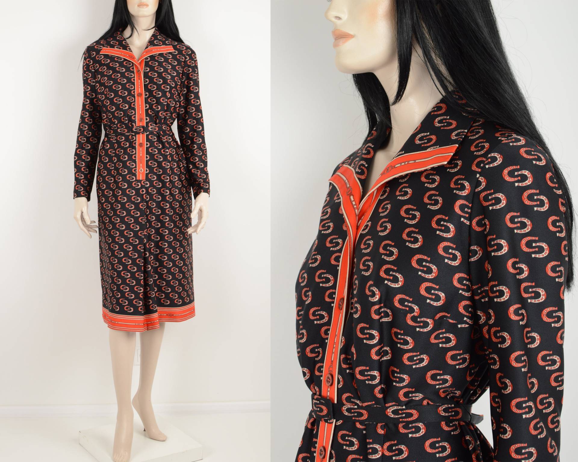 Vintage 70Er Jumo Schwarz Rot Weiß Mix Kleid - Hufeisen Print Midi Gürtelkleid Shirt Style Größe Groß von VintageFashionHome