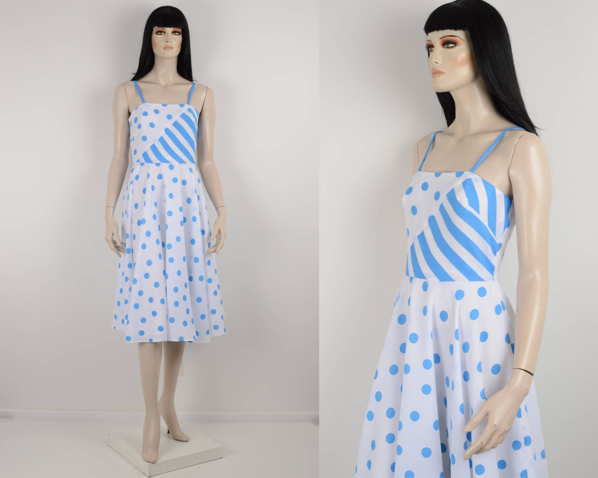 Vintage 80Er Weiß Blau Mit Punkten Midi Kleid - Strappy Ärmelloses Flared Dotty Polka Sommerkleid Größe Small 36 von VintageFashionHome