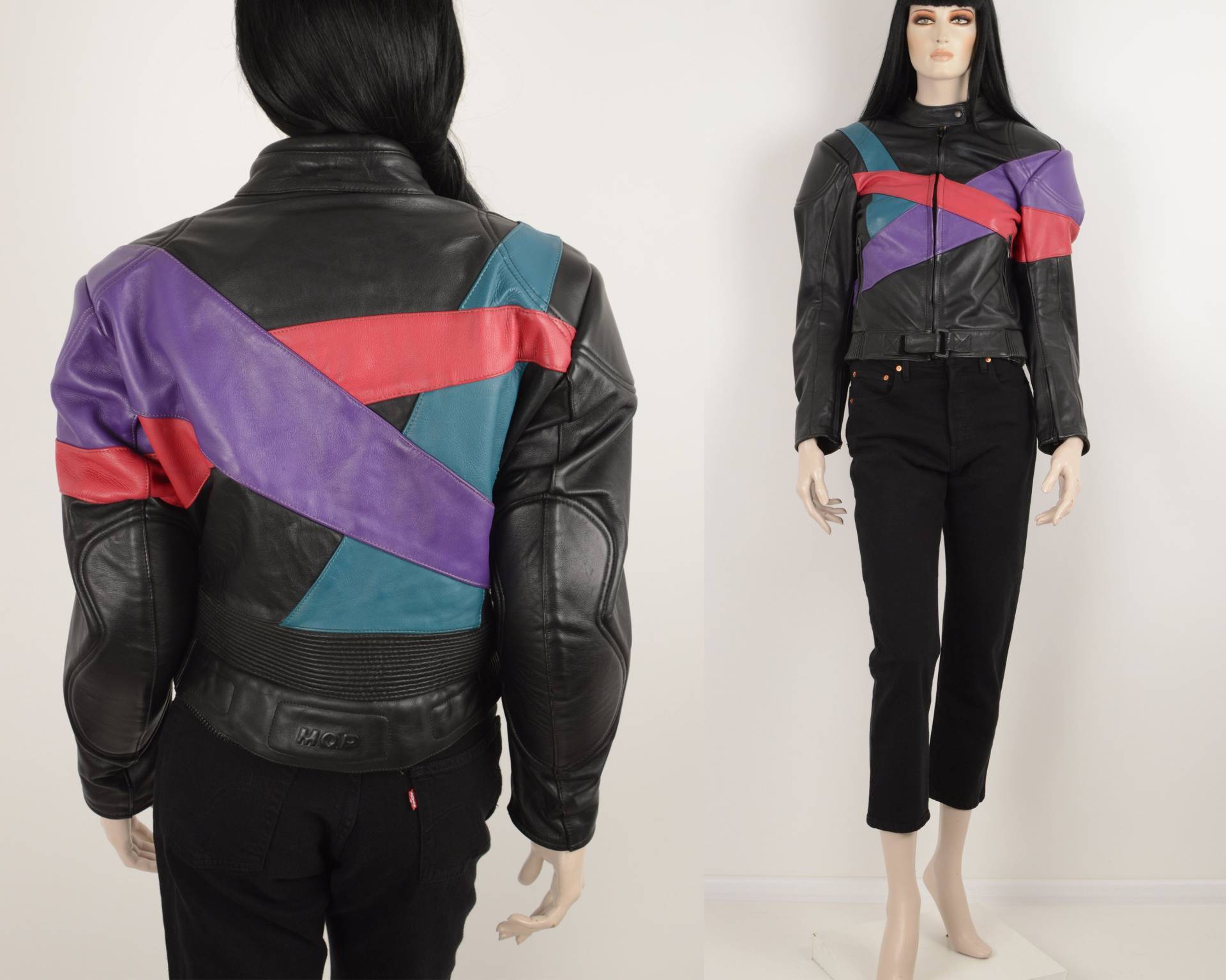 Vintage 90Er Jahre Y2K Rennjacke Schwarz Lila Grün Rot Echtlederjacke - Motorrad Biker Rennjacke Herren Bikerjacke Größe Klein von VintageFashionHome