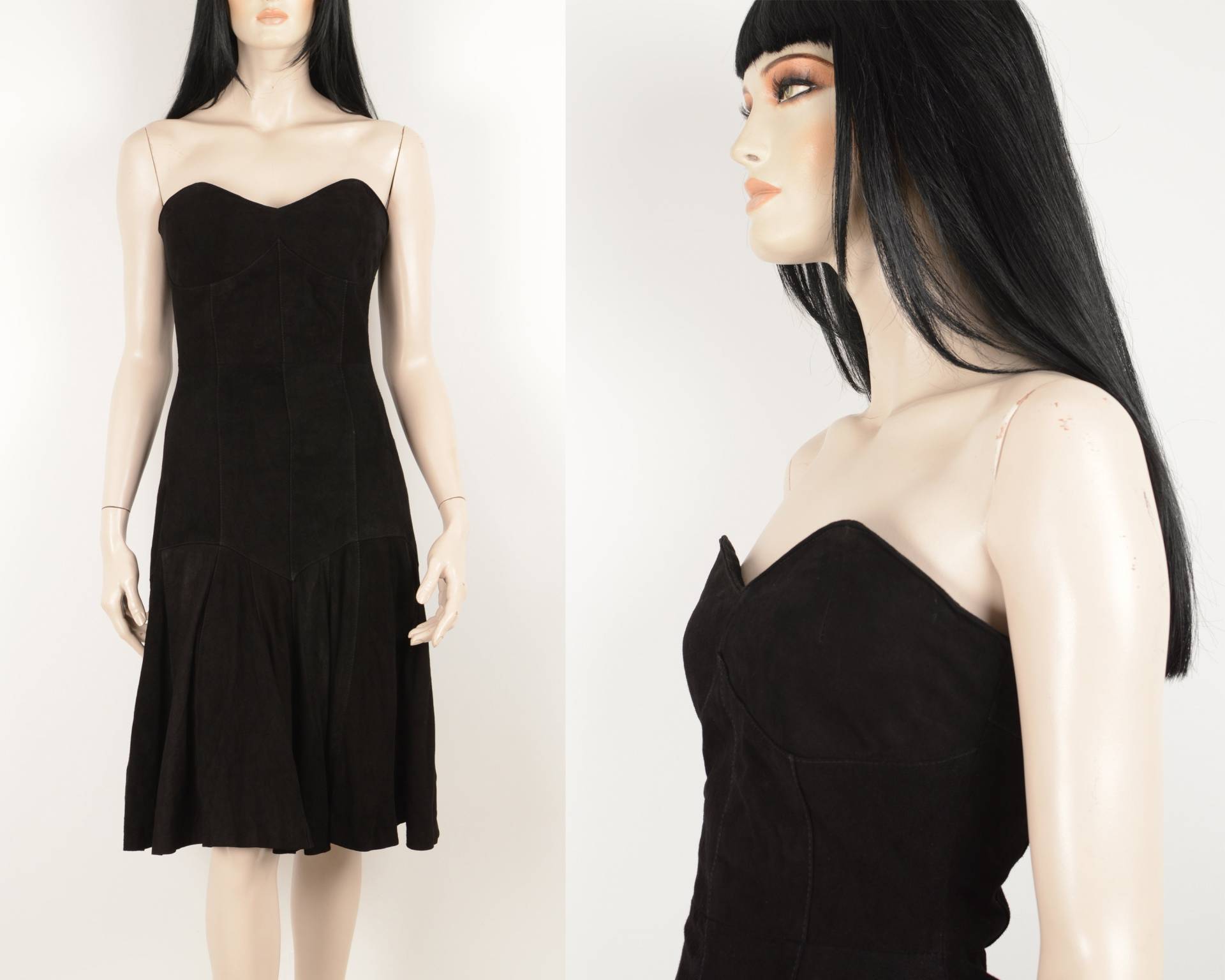 Vintage 90Er Sanur Leder Echtleder Wildleder Schwarz Kleid - Ärmel Cocktailkleid Taillenkleid Lederkleid Größe Klein von VintageFashionHome