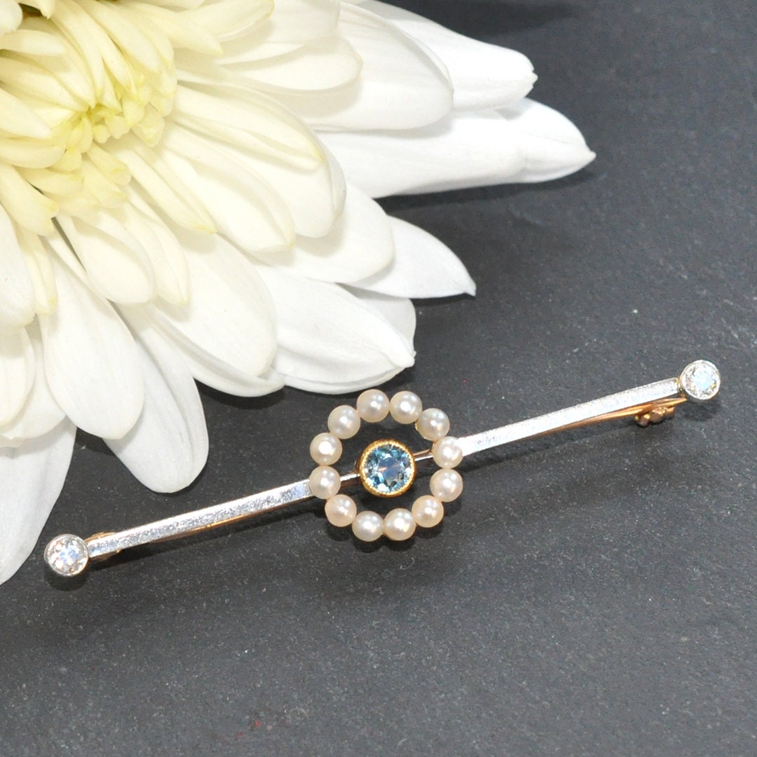 Aquamarine, Perle & Diamant Lager Anstecknadel von VintageFineJewellery