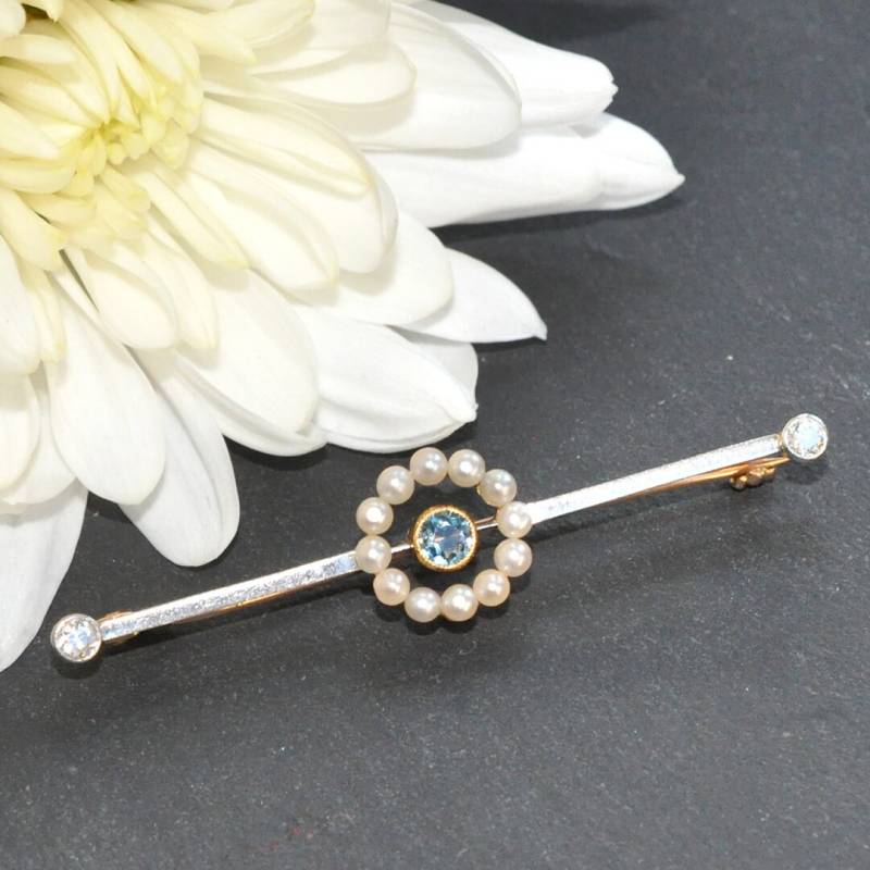 Aquamarine, Perle & Diamant Lager Anstecknadel von VintageFineJewellery