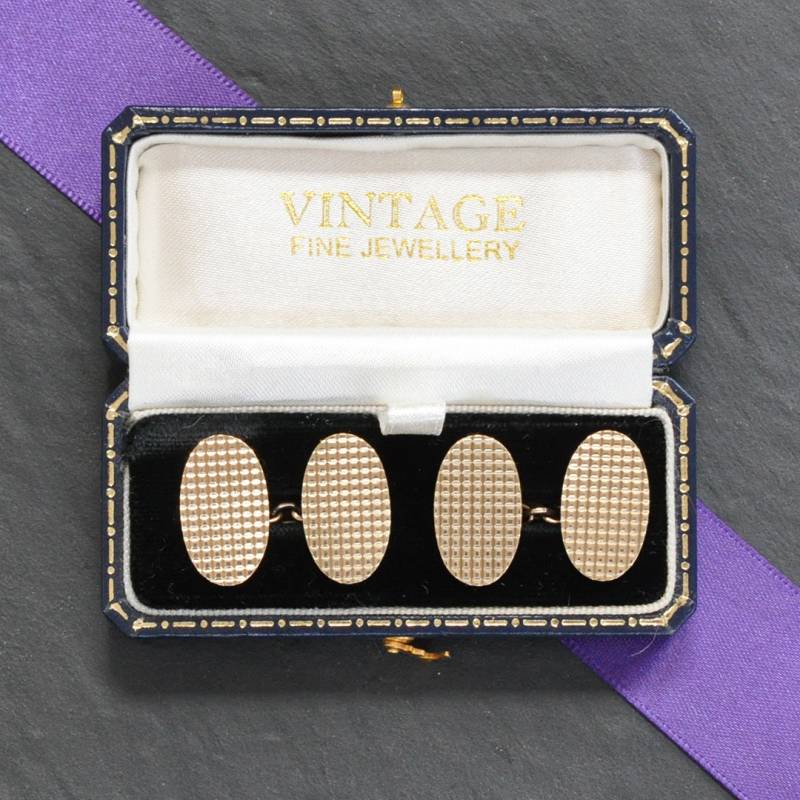Gold Oval Kariert Manschettenknöpfe von VintageFineJewellery