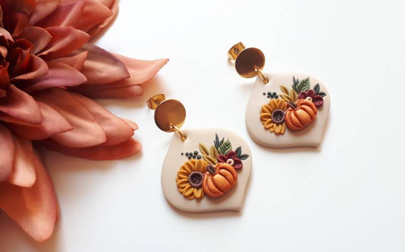 Fimo Herbst Ohrringe Mit Kürbis Und Sonnenblume, Boho Ton Schmuck von VintageFloralJewel