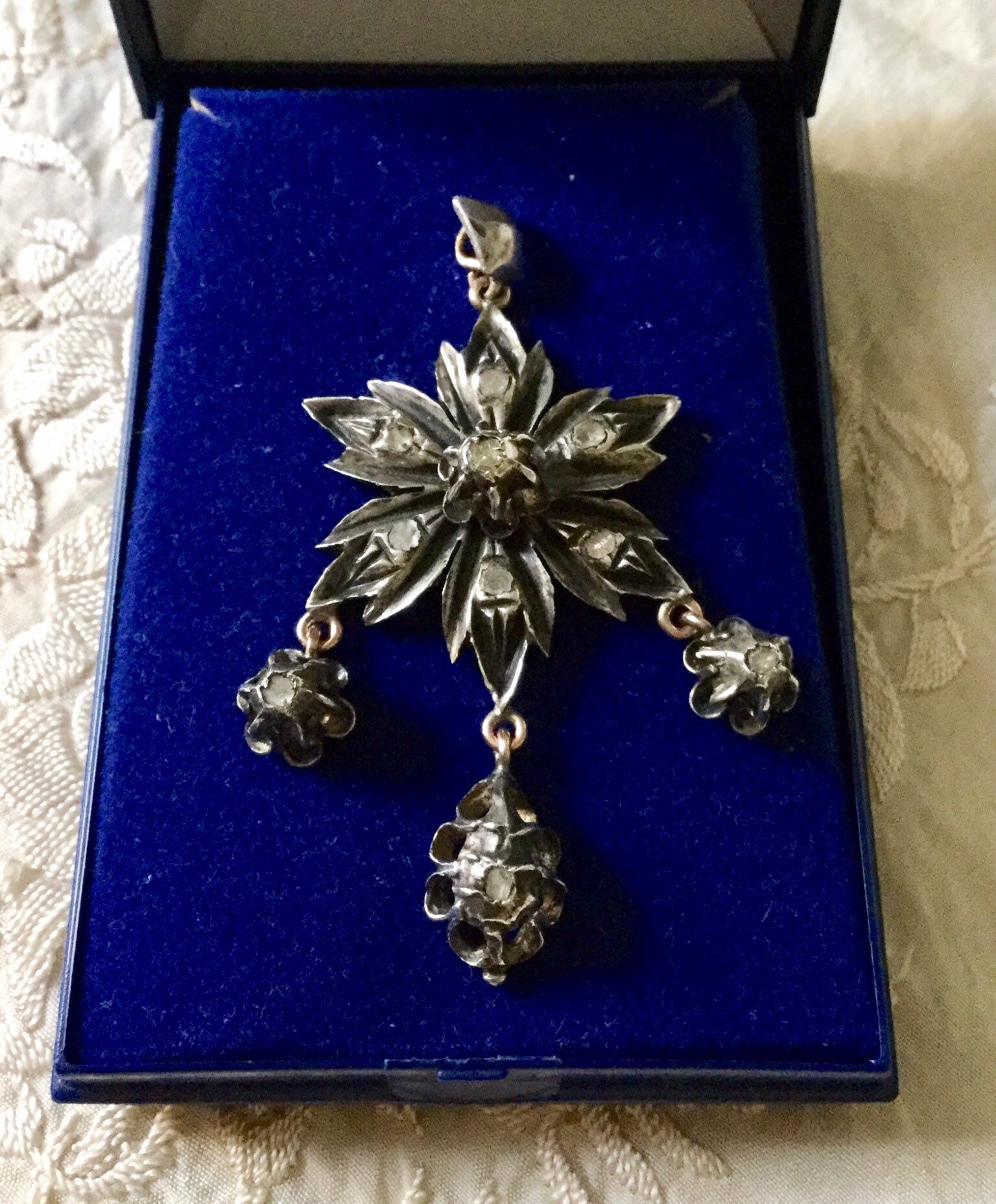 19. Antiker Diamant Roségold Geschnitzter Silber-Riesenanhänger - Briolettes Echter Diamant Im Altschliff Briolette Tolles Juwel Aus Frankreich von VintageFrenchJewel