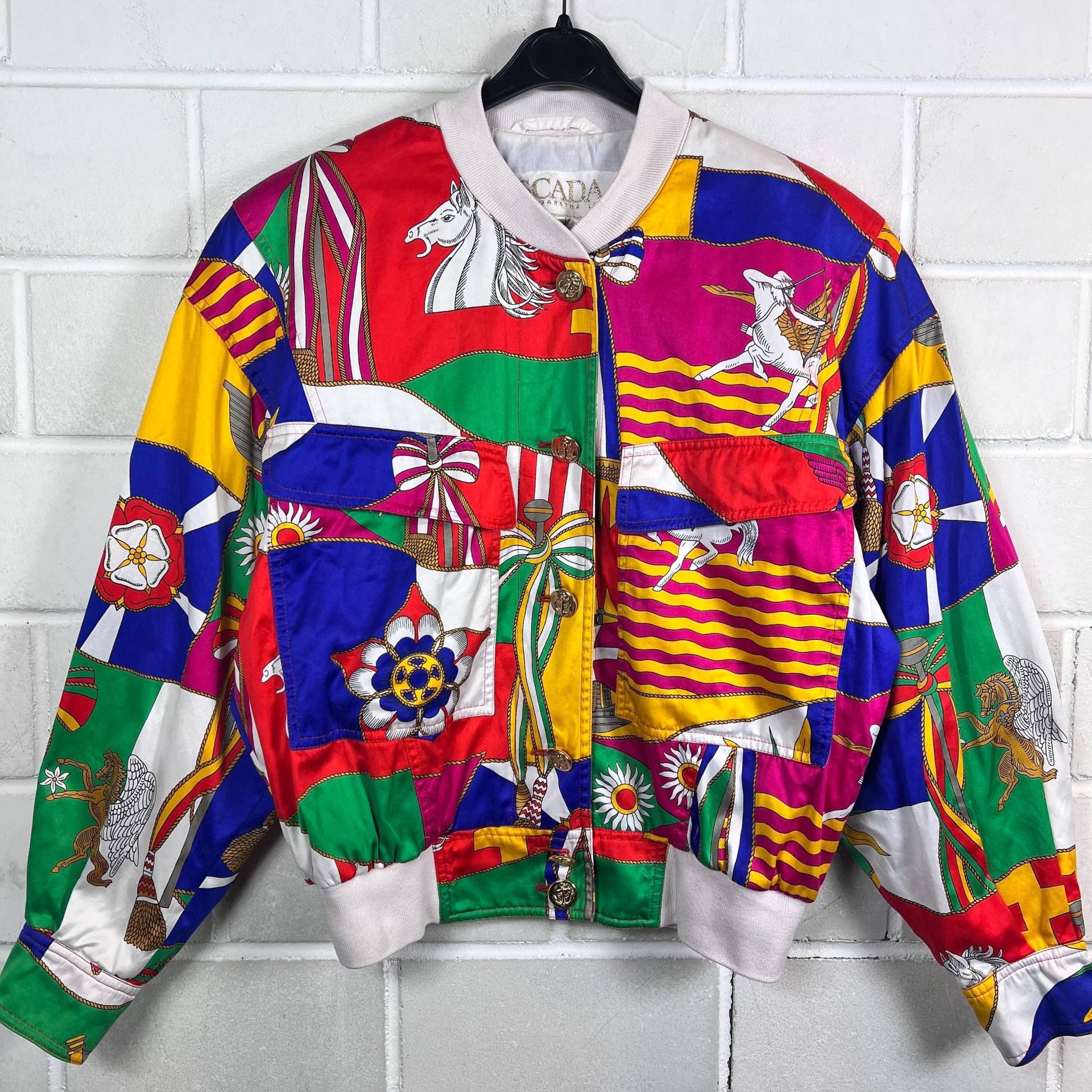 Vintage Escada Women's Size M Crazy Pattern Cotton Jacket Jacke Bomber Blouson 80S 90S von VintageGoereBerlin