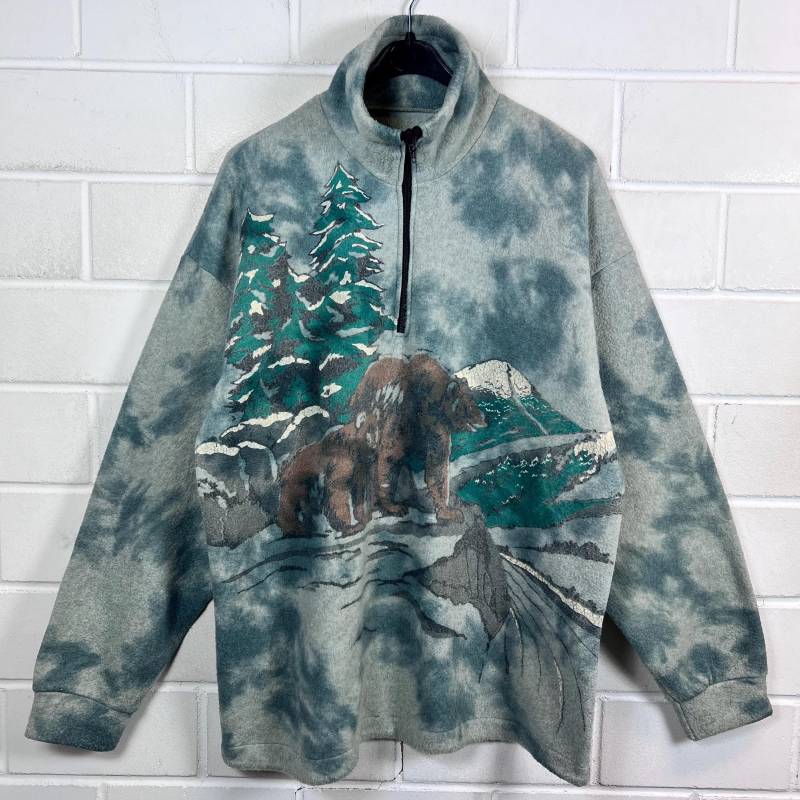Vintage Fleecepullover Size L Fleece Sweater Pullover Batik Bären Print Quarterzip 80S 90S von VintageGoereBerlin