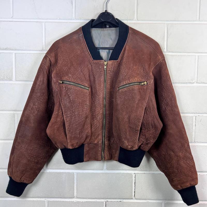 Vintage Lederjacke Women's Size M/L Cropped Lammnappa Leather Jacket Bomber Bomberjacket Schokobraun 80S 90S von VintageGoereBerlin