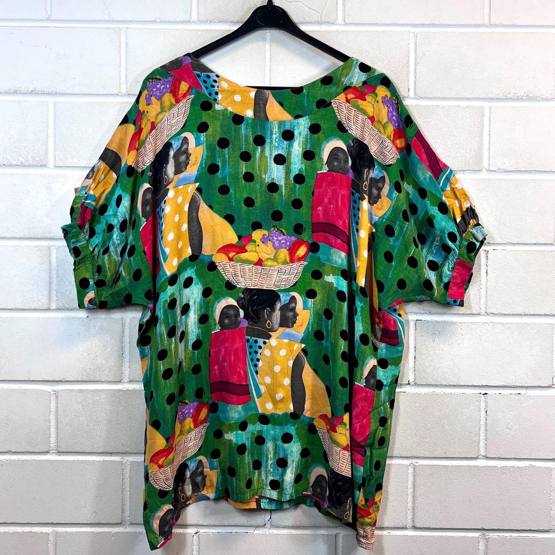 Vintage Long Blouse Women's Size L - Xl Crazy Pattern Viscose Longbluse Africa Punkte Shortsleeved 80S 90S von VintageGoereBerlin