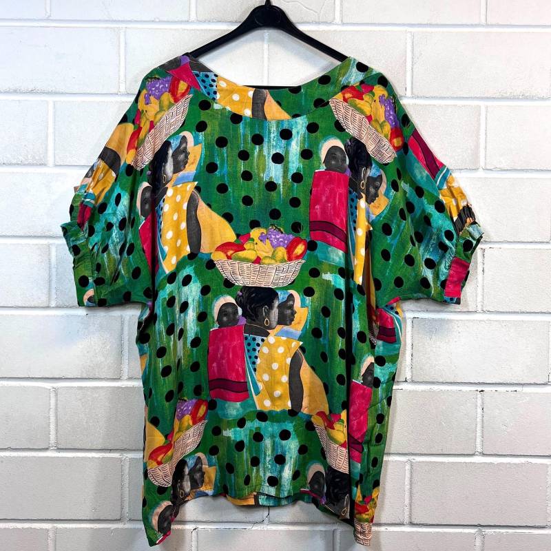 Vintage Long Blouse Women's Size L - Xl Crazy Pattern Viscose Longbluse Africa Punkte Shortsleeved 80S 90S von VintageGoereBerlin