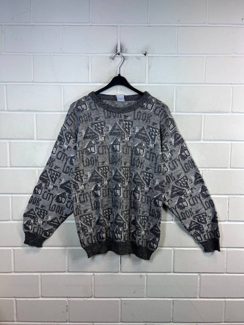 Vintage Pullover Size L Crazy Pattern Knit Sweater Jumper 80S 90S von VintageGoereBerlin