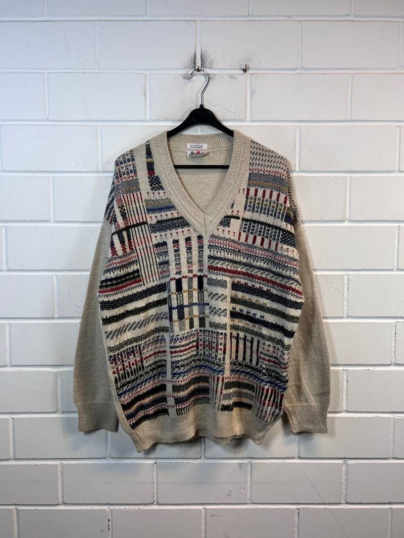 Vintage Pullover Size Xxl Crazy Pattern Knit Sweater V-Neck 80S 90S von VintageGoereBerlin