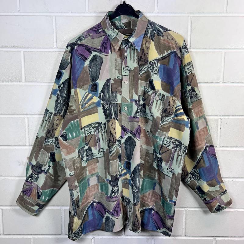 Vintage Shirt Size L Crazy Pattern Hemd Shiny Langarm Longsleeved 80S 90S von VintageGoereBerlin