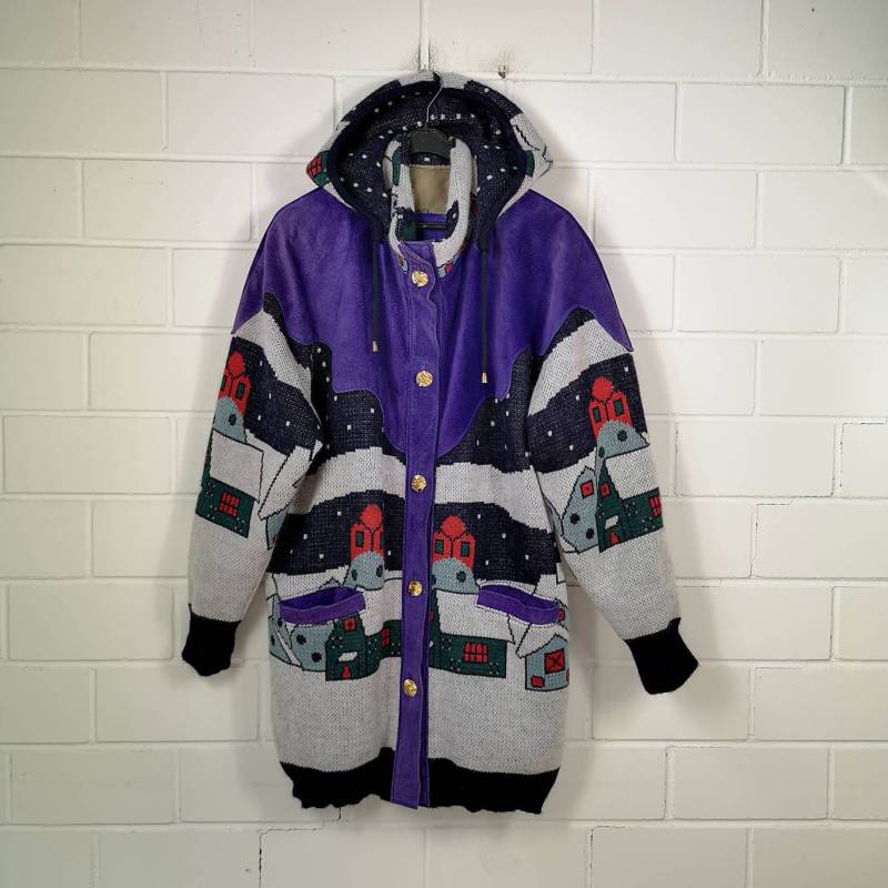 Vintage Women Size L Crazy Pattern Wool Leather Jacket Wolljacke Leder Jacke Cardigan Übergang Hoodie 80S 90S von VintageGoereBerlin