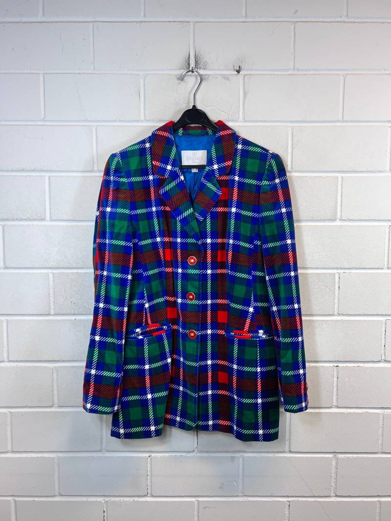 Vintage Women Size M Checkered Velvet Samt Jacket Jacke Blazer Kariert 80S 90S von VintageGoereBerlin