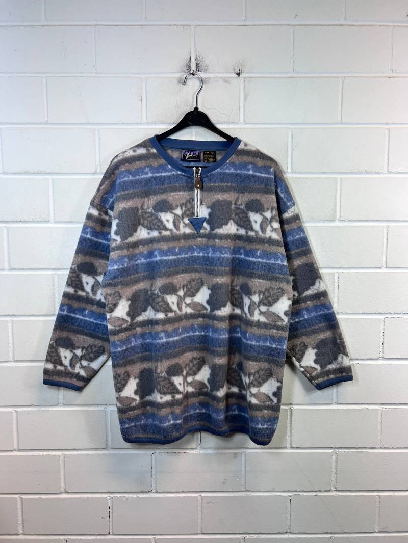 Vintage Women's Size L Crazy Pattern Fleece Pullover Sweater Fleecepullover Quarterzip Blätter 90S von VintageGoereBerlin