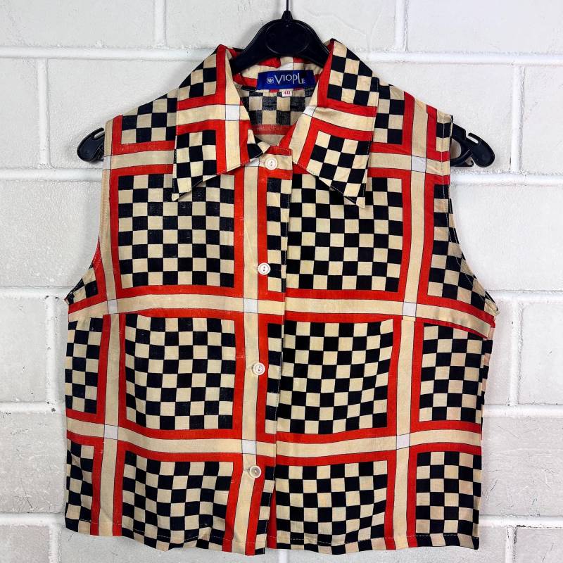 Vintage Women's Size S Reworked Crazy Pattern Cropped Blouse Sleeveless von VintageGoereBerlin