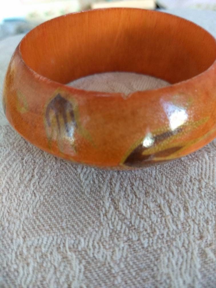Vintage Großer Armreif Aus Holz, Handbemalt, Primitives Breites Armreif, Statement von VintageGreatandSmall