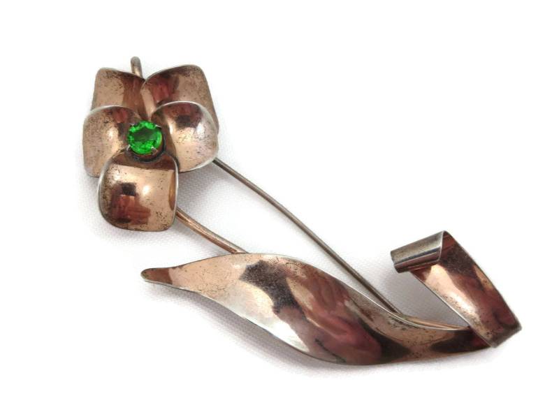 Sterling Stiefmütterchen Blume Brosche - Peridot Strass Silber 1940Er Jahre Rose Gold Finish von VintageInBloom
