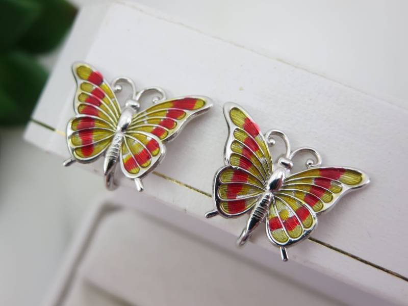 Vintage Beau Sterling Silber Schmetterling Ohrringe Rot Gelb Emaille von VintageInBloom