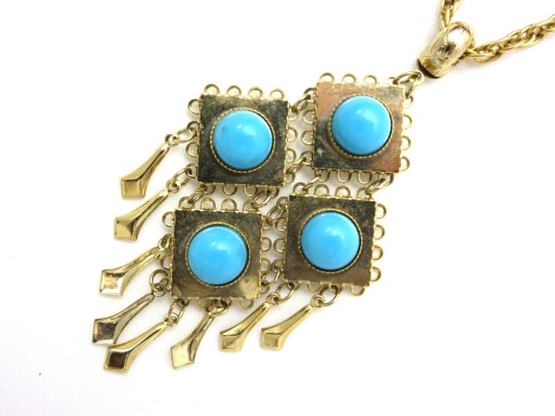 Vintage Türkis Glas Anhänger Halskette - Gold Fransen Boho Modeschmuck von VintageInBloom