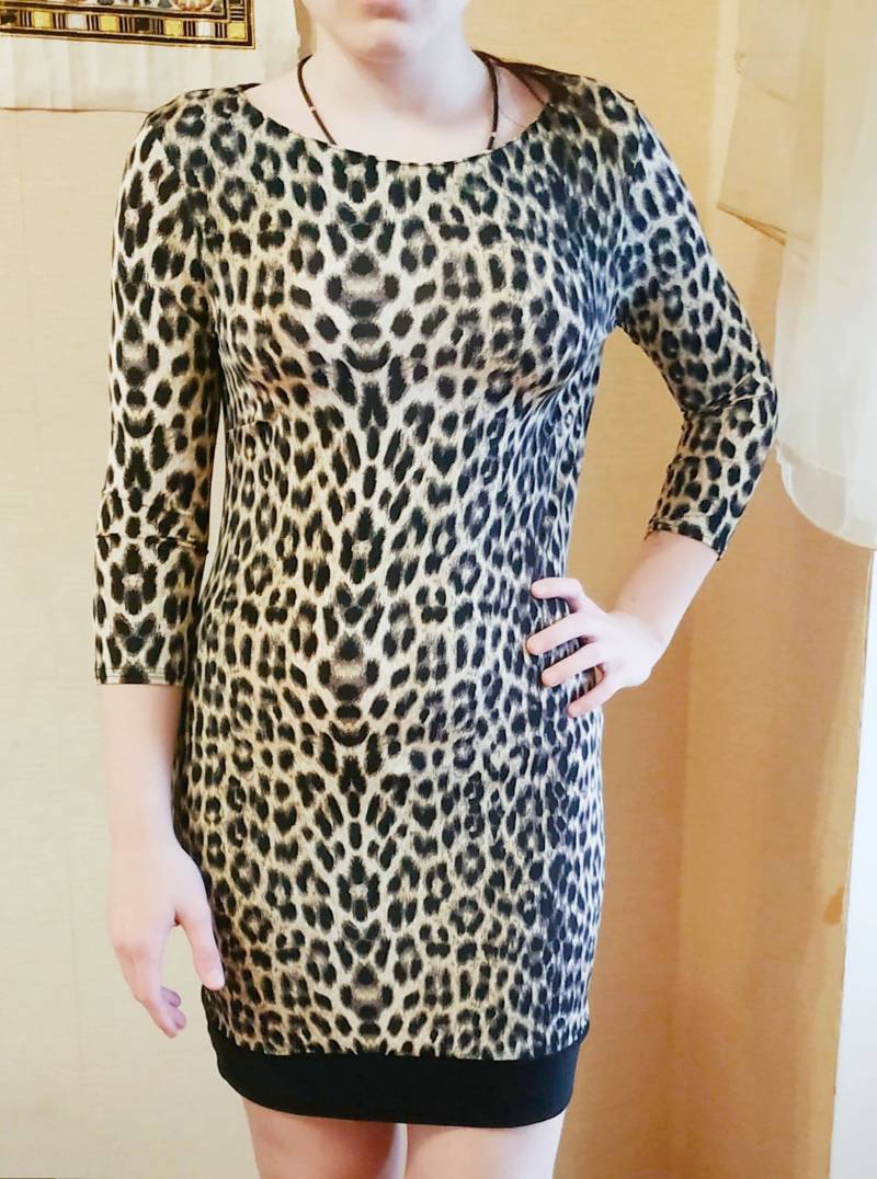 Vintage 90Er Jahre Leopard Print Kleid Damen Tier Geparden Braun Stretch Casual Frühling Langarm U-Boot Ausschnitt von VintageItemsUkraine