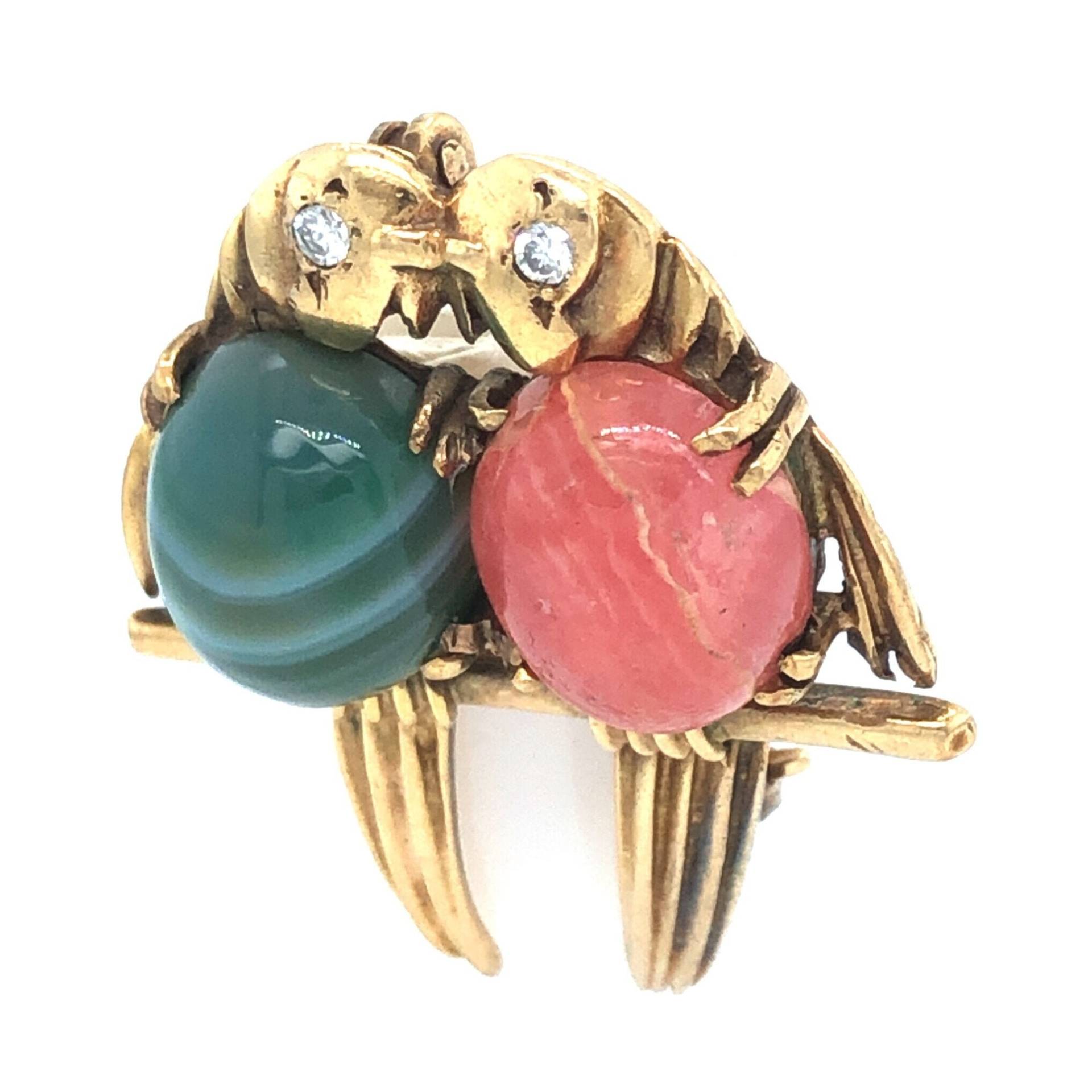 Rar 1950 Vintage Papagei Brosche Mit Diamant, Achat Und Rhodochrosit Rar 1950 Vintage Papagei Brosche Mit Diamant, Achat Und Rhodochrosit von VintageJewelleryCoUK