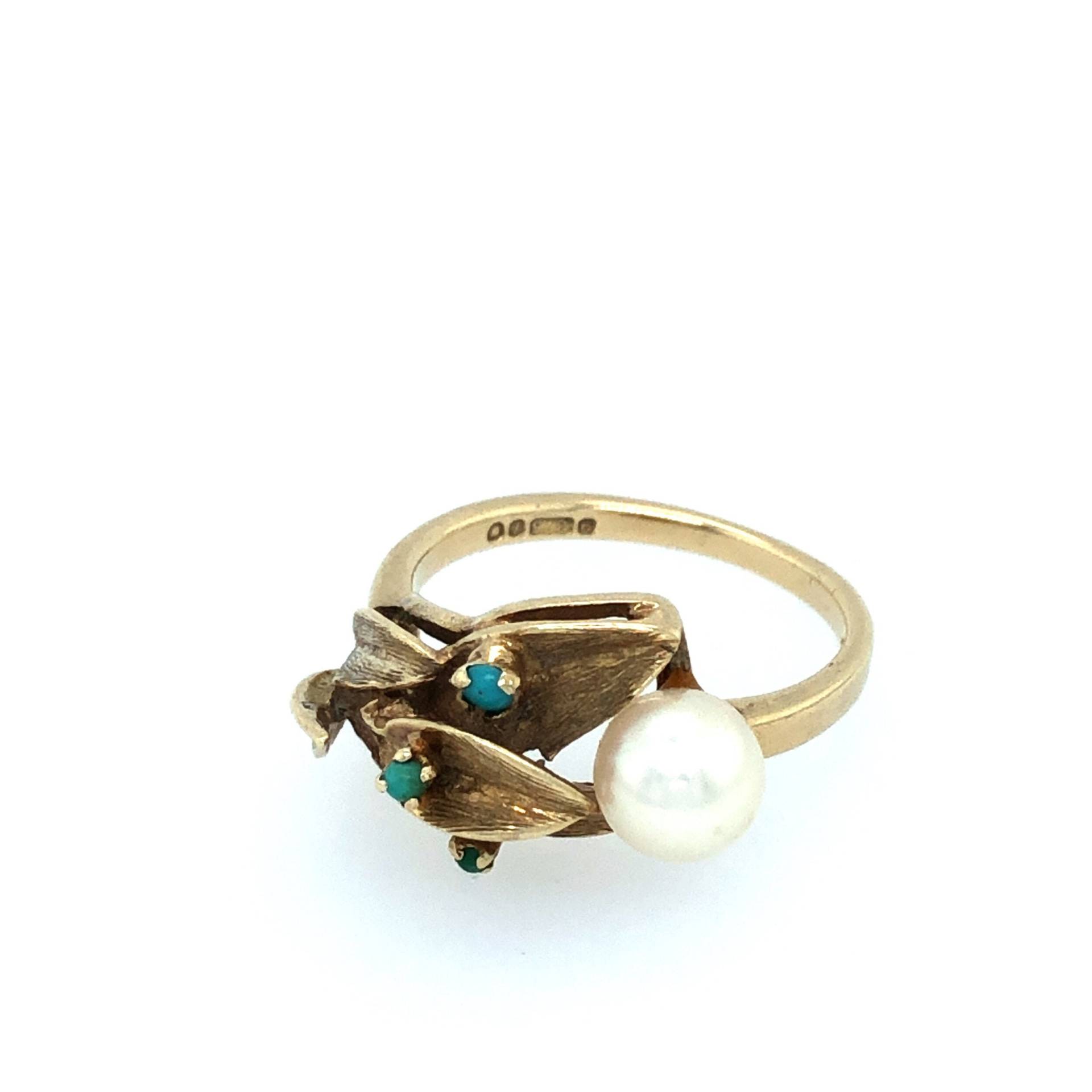 Flower Bypass Ring in 14K Gold Mit Perle Und Türkis Flower Bypass Ring in 14K Gold Mit Perle Und Türkis von VintageJewelleryCoUK