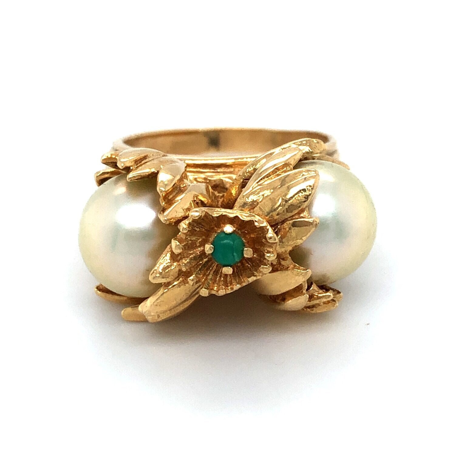 Vintage Akoya Perle & Smaragd Blumen Design Ring von VintageJewelleryCoUK