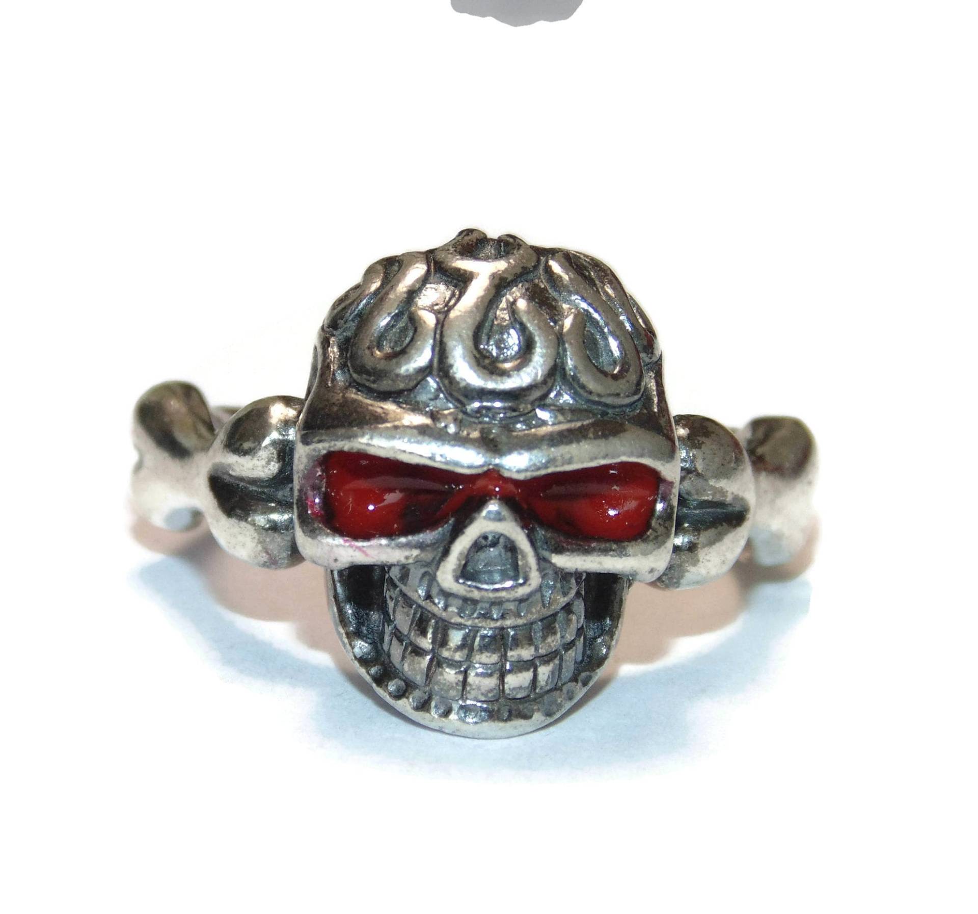 Mens Punk Rocker Biker Gothic Sterling Silber Riesige Massive Schädel Knochen Flammen Rote Augen Us Größe 10.5 10.75 Ring 925 Schmuck von VintageJewelryEden
