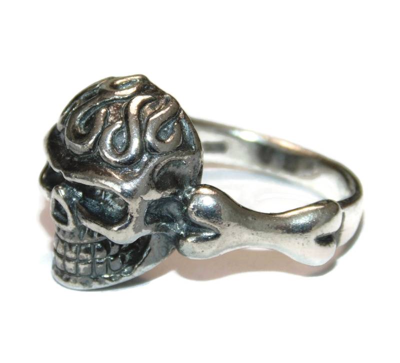 Mens Punk Rocker Biker Gothic Sterling Silber Riesige Massive Schädel Knochen Flammen Us Größe 10 11 Ring 925 Schmuck von VintageJewelryEden