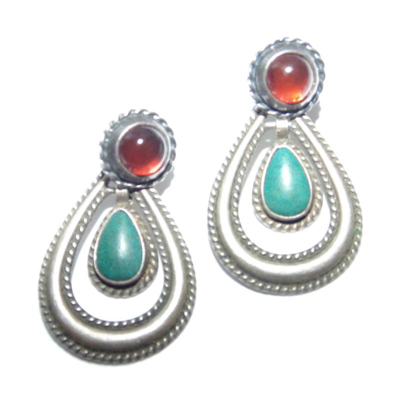 Vintage Sterling Silber Ohrringe Boho Granat & Malachit von VintageJewelryEden