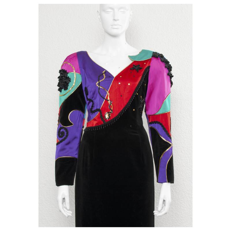 Vintage 80Er Jahre Louis Feraud Cocktailkleid Schwarzes Satin-Zirkuskleid, Gr. M von VintageKabinet