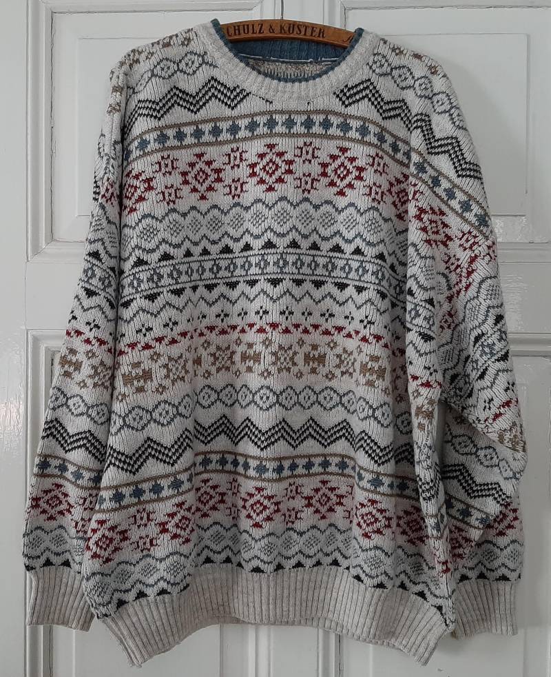 Vintage Pulloverknit Sweater Jumper Crazy Pattern Aus Den 80S/90S Jahren Mit Rundhals Ausschnitt von VintageKleidungStore