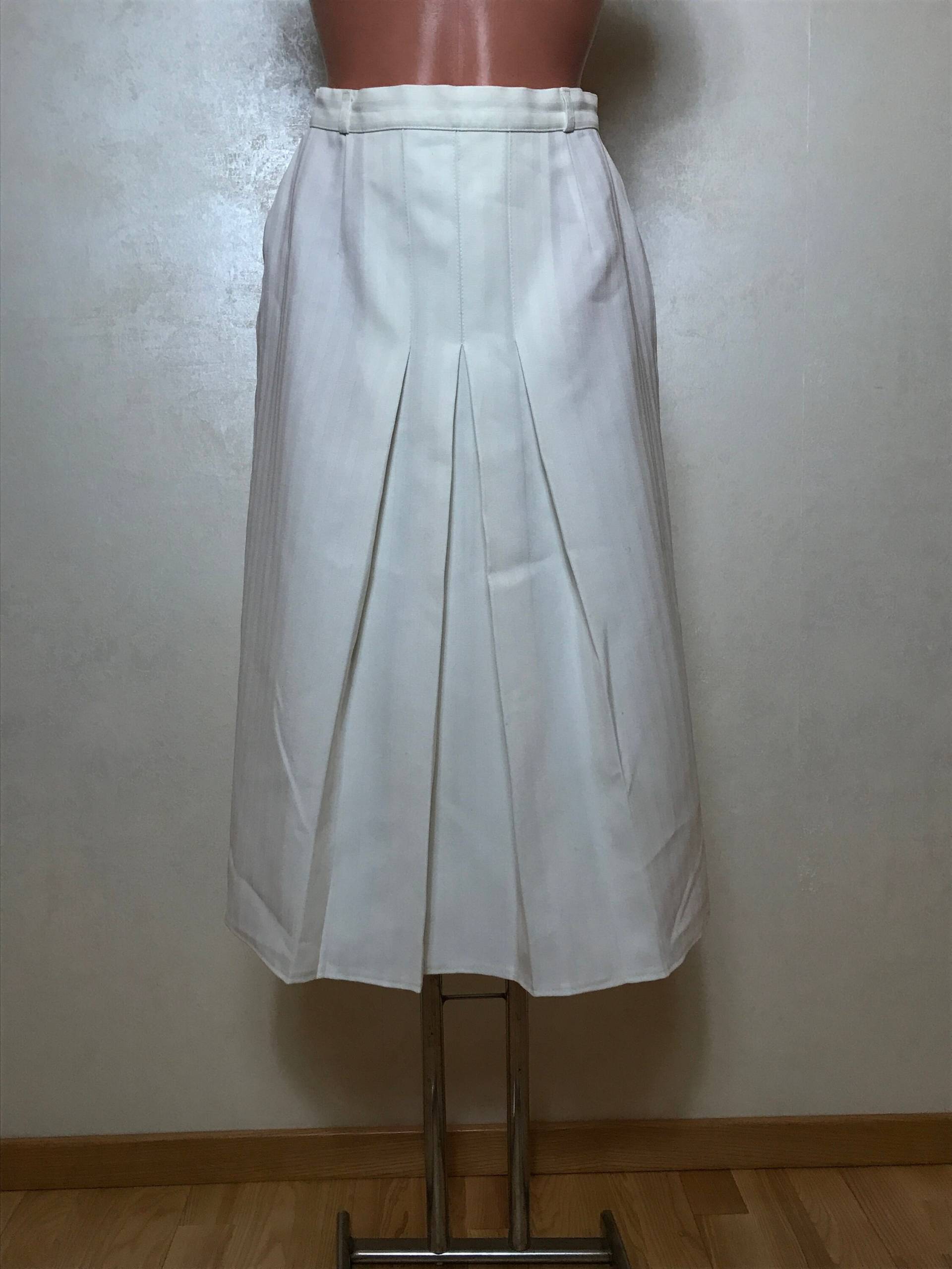 Weißer Vintage-Rock - Gestreifte Textur, Plissierte Vorderseite, Unter Dem Knie Länge, A-Linie Design, Kleine Größe von VintageLabr