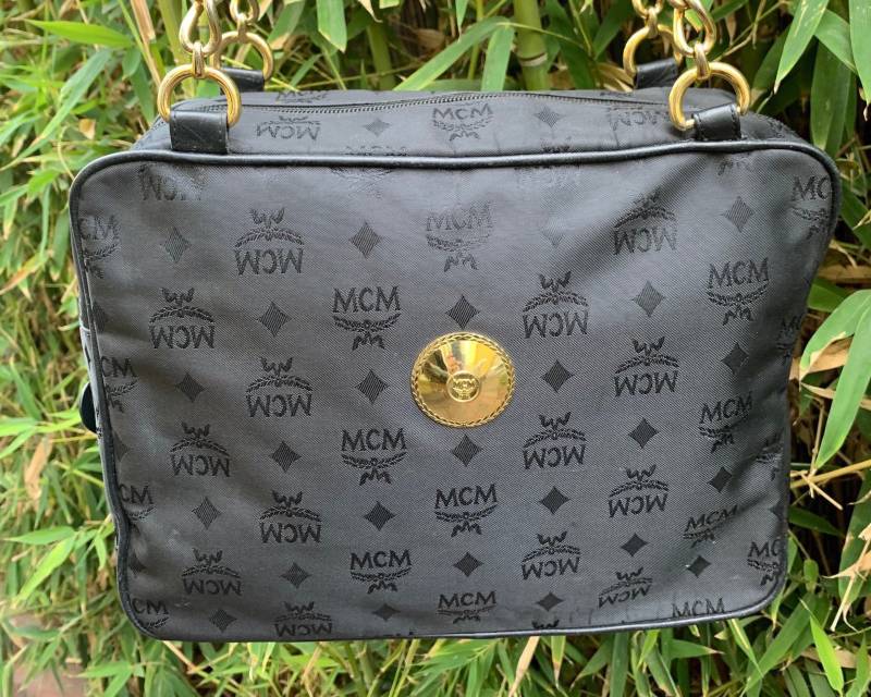 Vintage Mcm Michael Cromer Handtasche Aus Canvas Und Leder Mit Kettengliedern - Handgefertigt Den 90Ern von VintageLeatherPurses