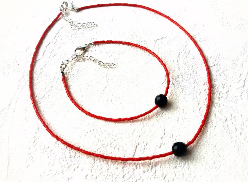 Minimalist Einzel Achat Stein Halskette, Trendy One Bead Roter Faden Schutz Schmuck Set, Amulett von VintageLoveBoutique