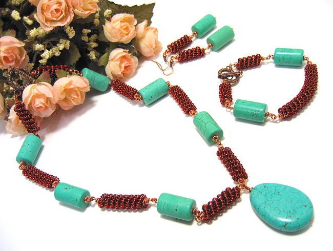 Türkis Edelstein Schmuck Set, Kupfer Mittelalterlichen Stil Halskette, Armband, Ohrringe von VintageLoveBoutique