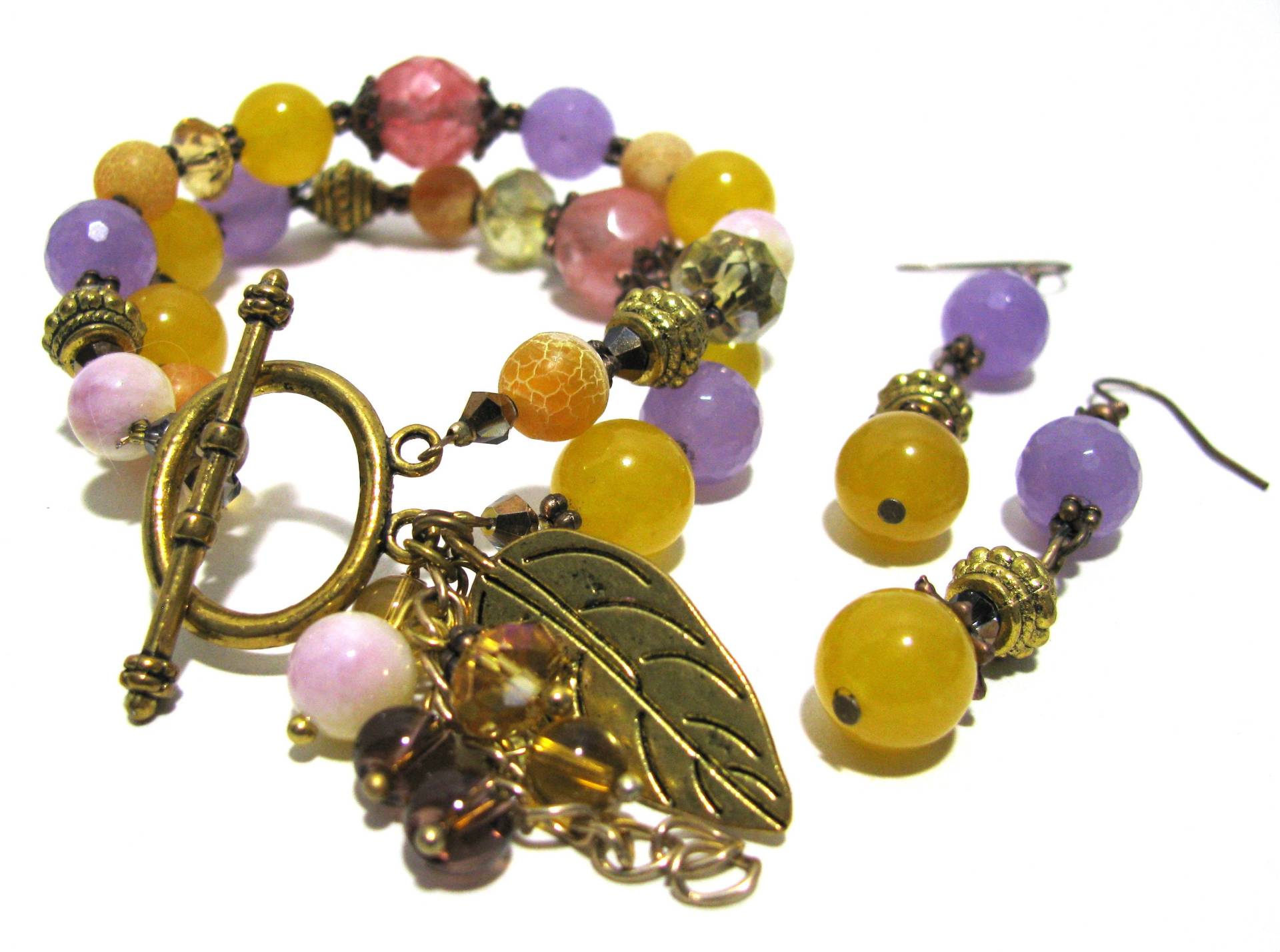 Multi Edelstein Schmuckset/2-strangiges Armband Und Ohrringe Ooak Designer Schmuck Set von VintageLoveBoutique