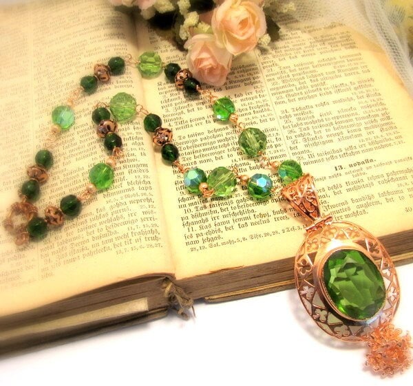 Vintage Style Kupfer Grün Kristall Halskette Anhänger Ohrring Schmuck Set/Frauen Halskette/Ooak Designer von VintageLoveBoutique