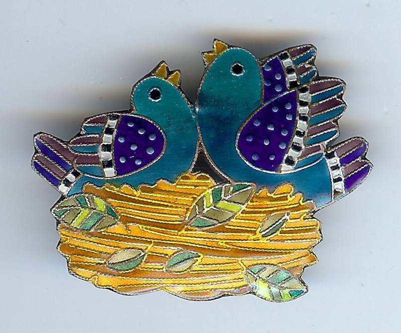 Charming Vintage Sterling Blau Grün Gold Emaille Freudige Vögel in Nest Stift von VintageLovedOne