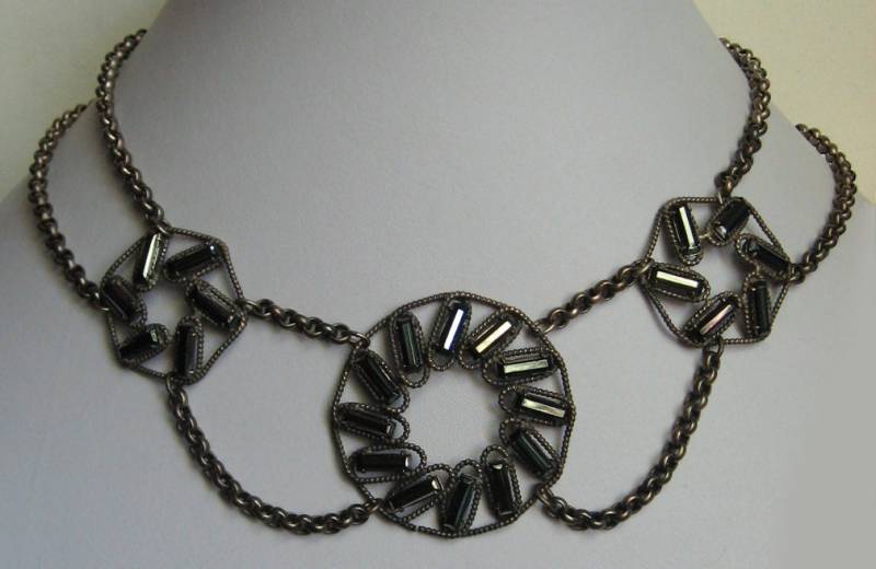 Freirich France Großes Vintage Hämatit Look Glas Collier & Ohrclips Set von VintageLovedOne