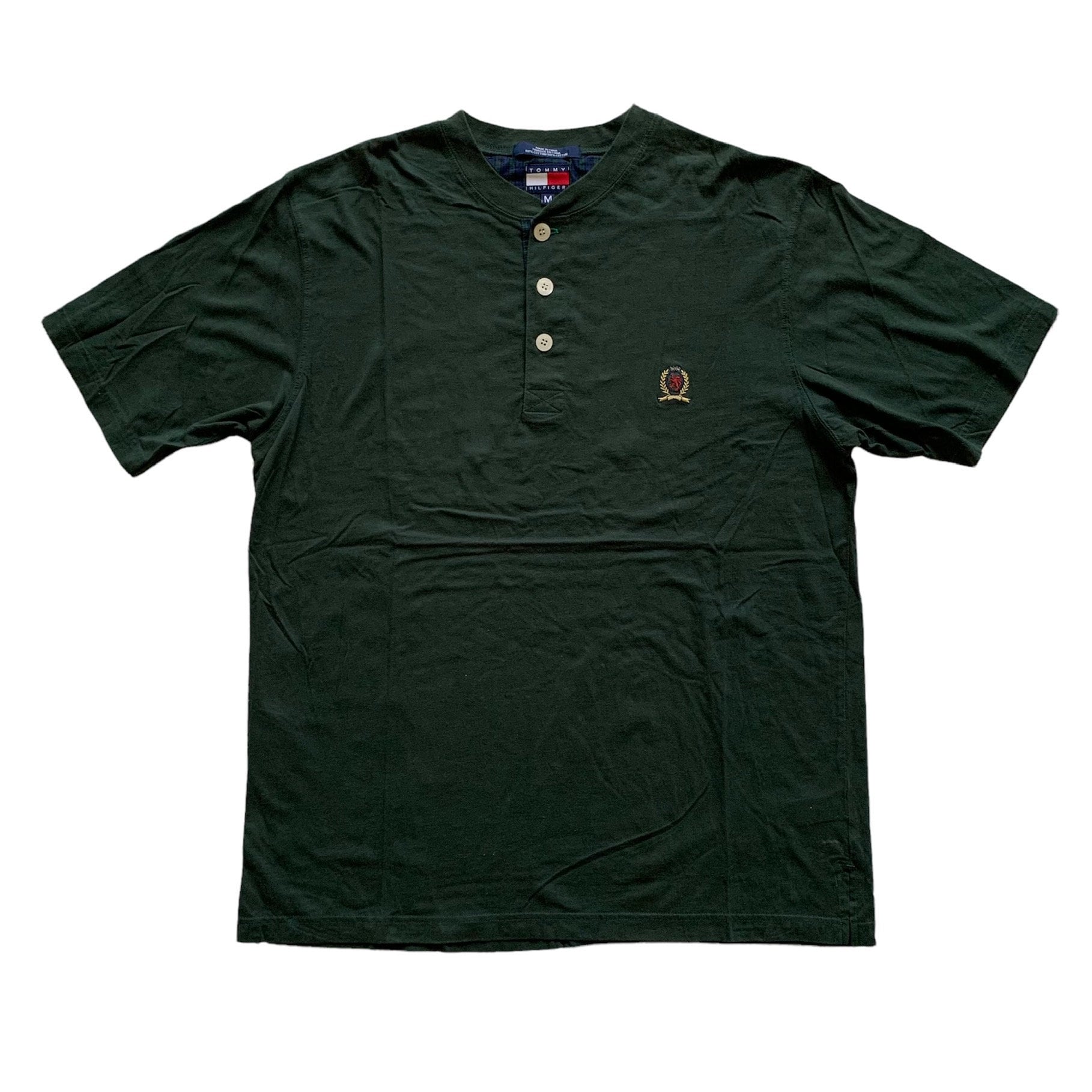 Vintage 1990Er 90Er Tommy Hilfiger 3 Knopf Bestickt Wappen Grün T-Shirt Herren Größe M Medium von VintageMensGoods